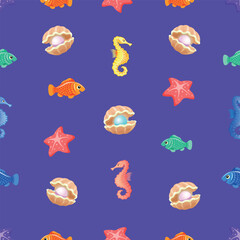 Diverse flora and fauna of the sea and ocean depths, sea, ocean, water, 
seaweed, sea horse, fish, vector, seamless pattern, colored shell, art, illustration, background, starfish