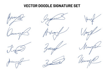 Set of autograph fictitious, handwritten fake signature. Isolated doodle on white background, vector illustration