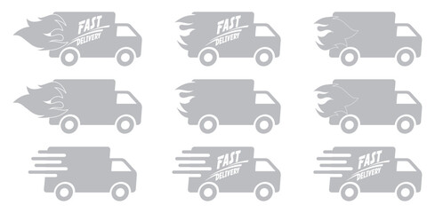 Delivery truck icon collection. Fast delivery, express delivery, fast delivery, logistic, signs. Vector Illustration. Grey Color White Background. 