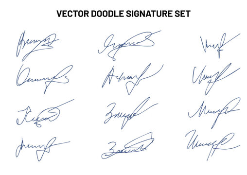 Set of autograph fictitious, handwritten fake signature. Isolated doodle on white background, vector illustration