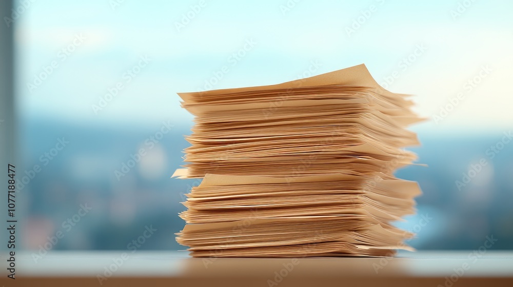 Poster a towering stack of yellowed office documents against an urban backdrop creating a sense of depth an