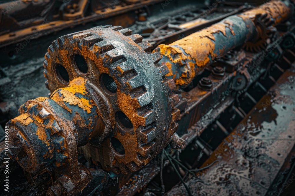 Poster a detailed view of the intricate gears and sprockets of a vintage train engine, working with gears a