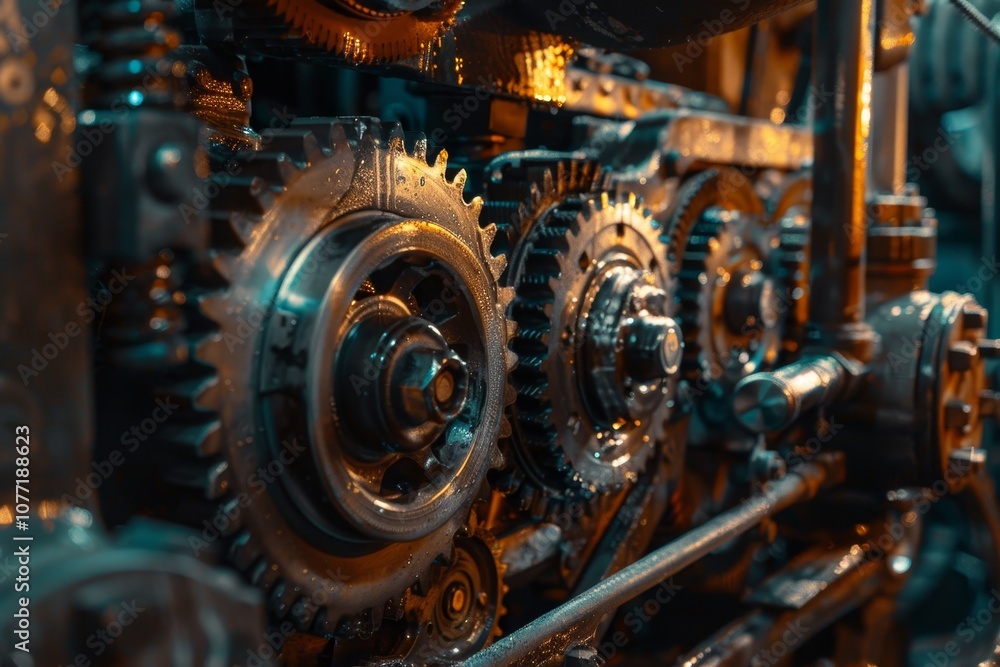 Poster detailed view of a machine with gears and sprockets in motion, creating a dynamic mechanism, working