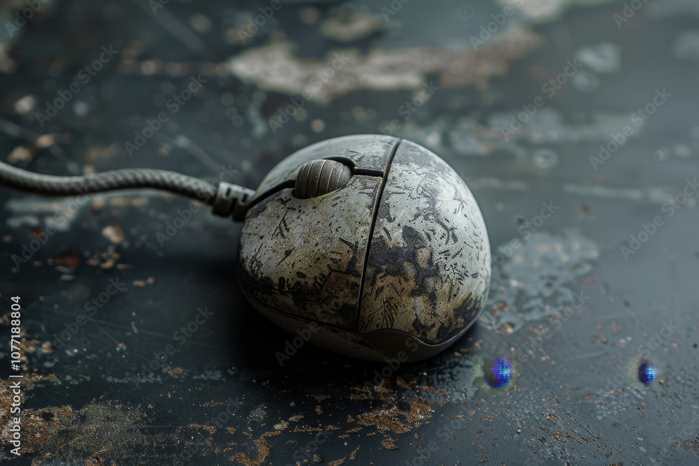Poster a worn-out computer mouse with a trackball resting on top of a wooden table, worn out computer mouse