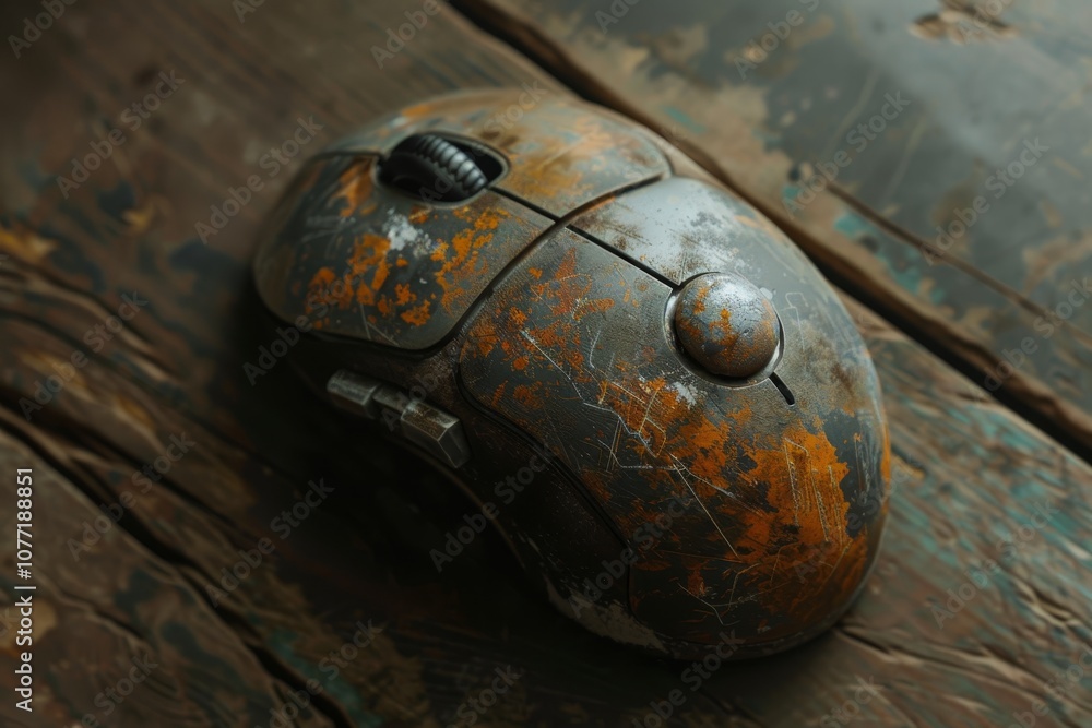 Poster a worn-out computer mouse with a trackball sitting on a wooden table, worn out computer mouse with a