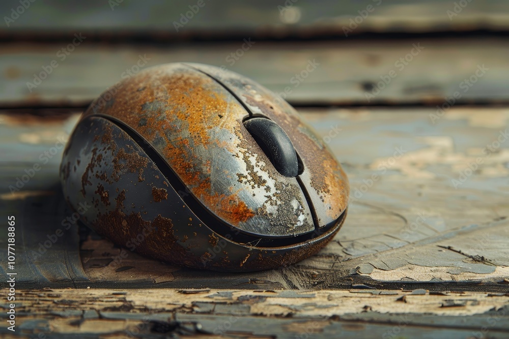 Poster a worn-out computer mouse with a trackball sitting on a wooden floor, worn out computer mouse with a