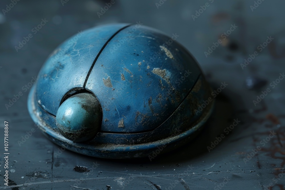 Poster a worn out blue computer mouse with a trackball sitting on a table surface, worn out computer mouse 