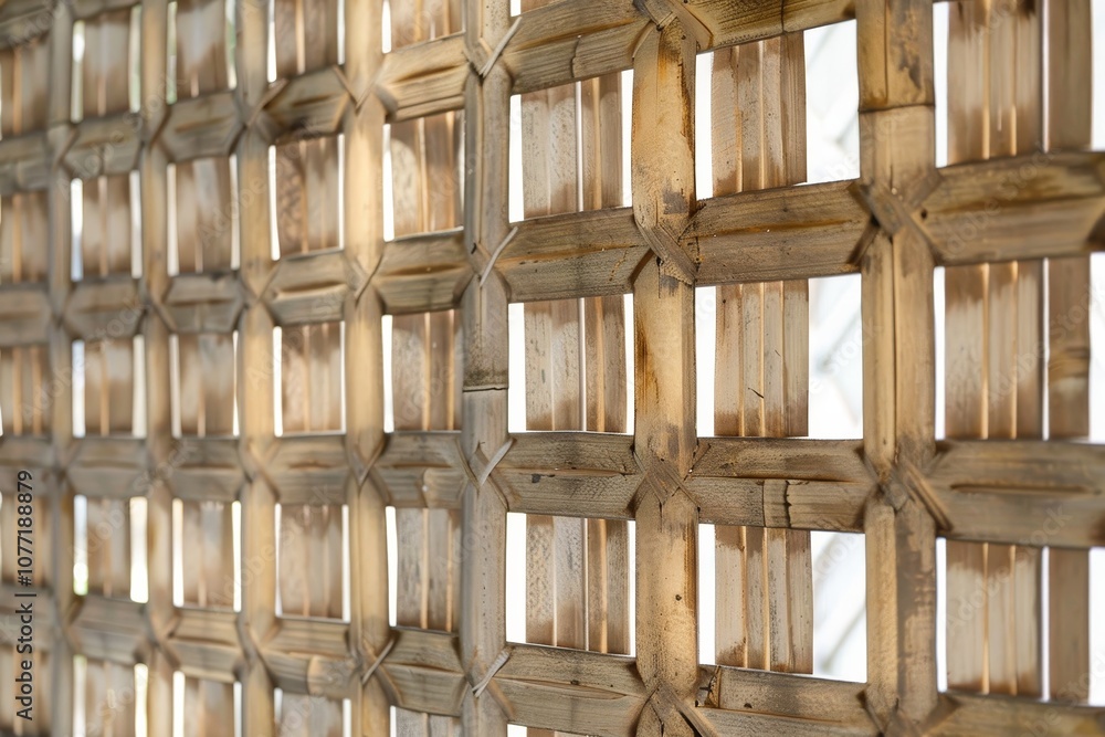 Aufkleber detailed view of a wall formed by interlocking wooden planks, showing texture and pattern, woven bam