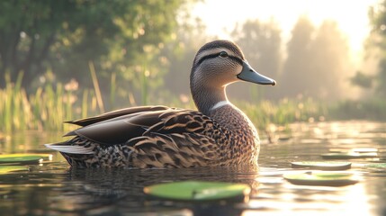 Obraz premium A mallard duck swimming in a pond at sunrise.