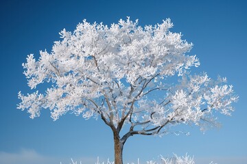 Fototapeta premium A solitary tree covered in frosty white branches rises against a vibrant blue sky, showcasing winter beauty. The frost highlights the delicate structure of the tree, creating a serene atmosphere