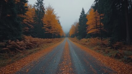 Fototapeta premium A misty autumn road through a forest, with fallen leaves lining the edges.
