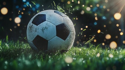 Naklejka premium A soccer ball is sitting on a grassy field