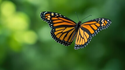 Obraz premium A monarch butterfly in mid-flight, wings spread wide, against a blurred green background.