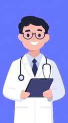 Friendly Male Doctor Holding a Tablet in a White Coat Against a Bright Blue Background, Ideal for Medical, Healthcare, and Technology Illustrations