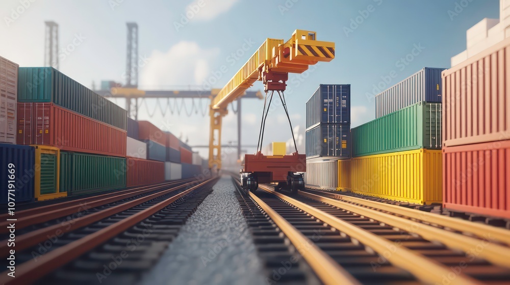 Poster crane elevating cargo containers in a busy railroad yard for efficient transport operations