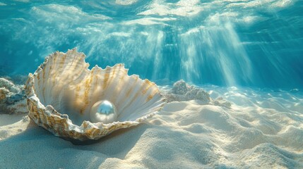 A perfect pearl inside an open oyster shell on a white sandy seabed, underwater with sunbeams shining through the water.
