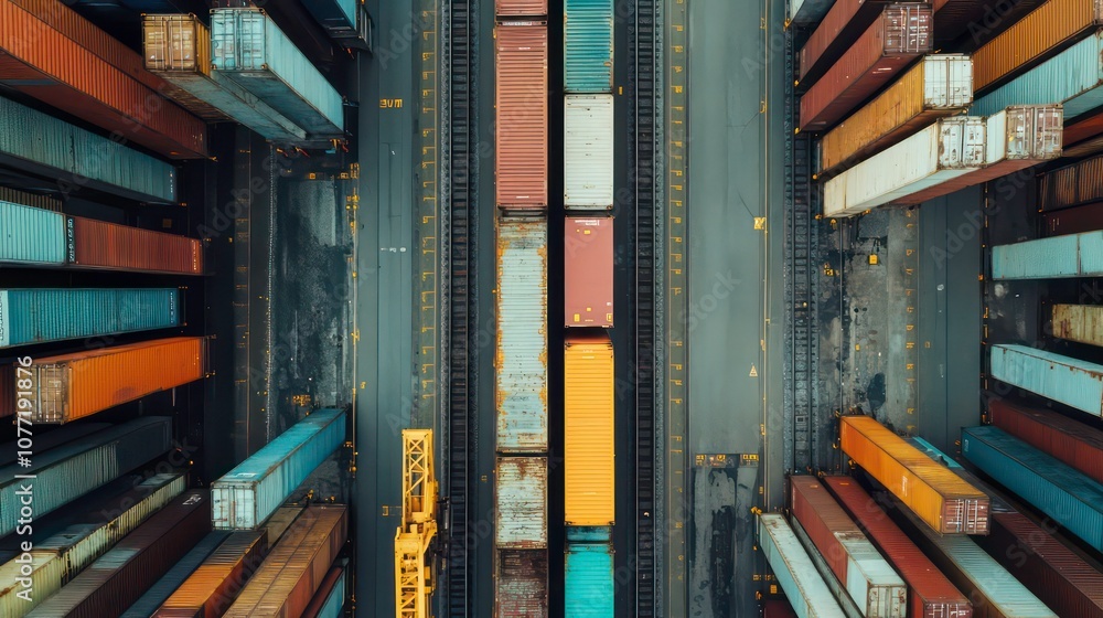 Poster Aerial view of colorful shipping containers stacked on a train track in a shipping yard.