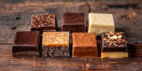National Chocolate Candy Day. An assortment of chocolate squares with diverse toppings, including nuts and caramel. This elegant arrangement showcases various textures