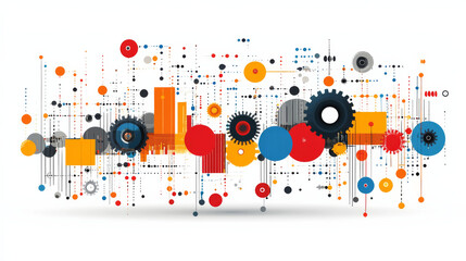 Obraz premium vibrant abstract design featuring colorful geometric shapes and gears, symbolizing fusion of old and new technology. composition is dynamic and visually engaging, perfect for tech related themes