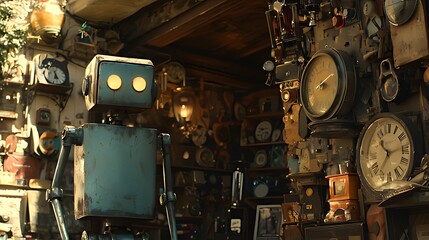 A rusty robot stands outside an antique clock shop, surrounded by a multitude of clocks.
