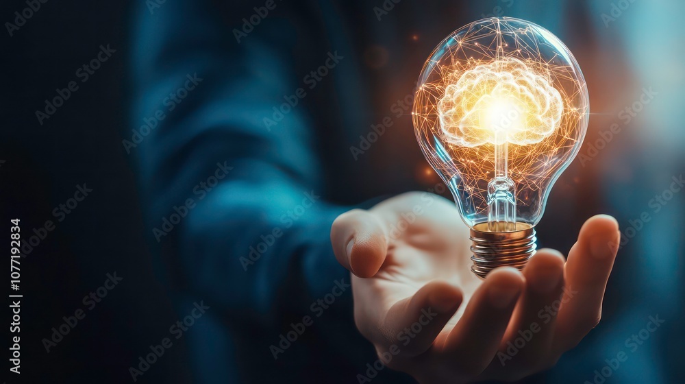 Poster a hand holding a glowing light bulb with a brain shape inside.
