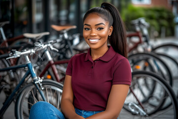 Obraz premium Young African saleswoman in a burgundy polo shirt working in a busy bicycle store, surrounded by various colorful bikes.