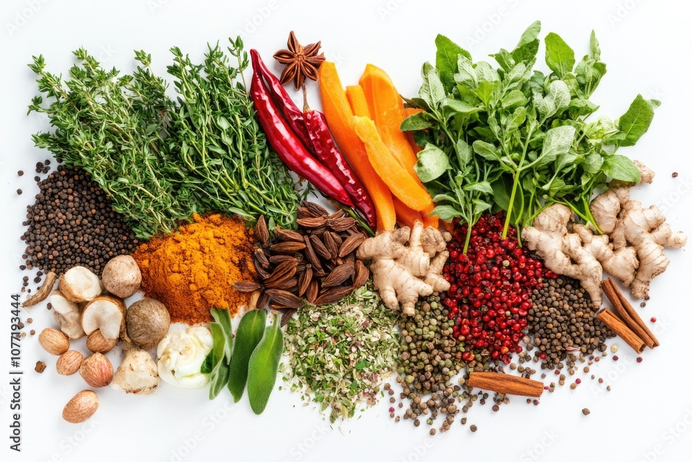 Poster a selection of various spices and herbs arranged on a white surface