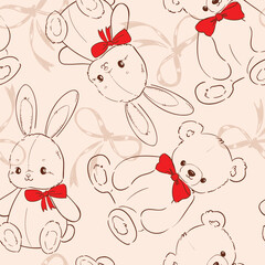 seamless pattern with cute bunny and teddy bear vector illustration 