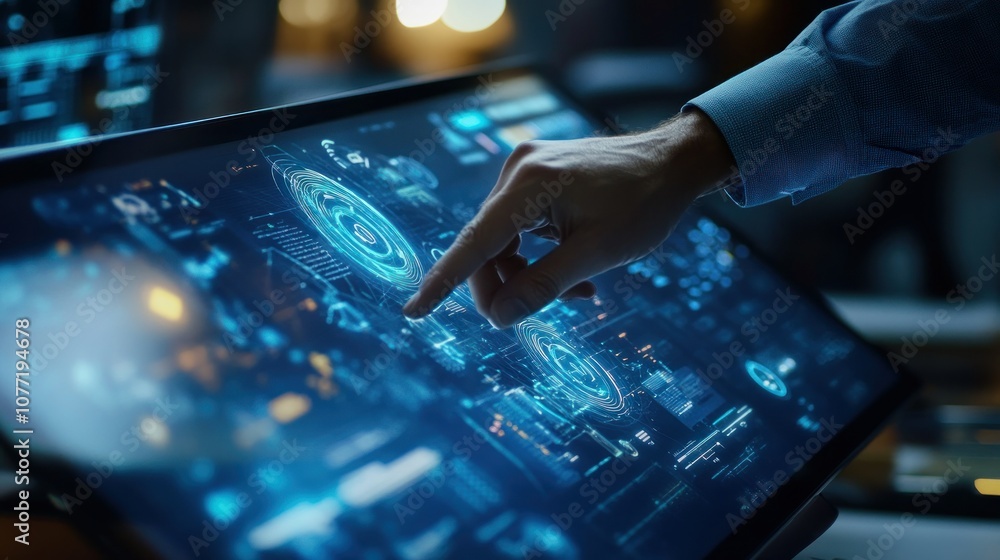 Poster hand interacting with futuristic interface on a digital screen