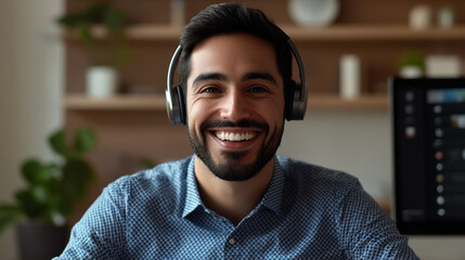 Fototapeta premium Close-up of a smiling employee wearing a headset while speaking on a video call.