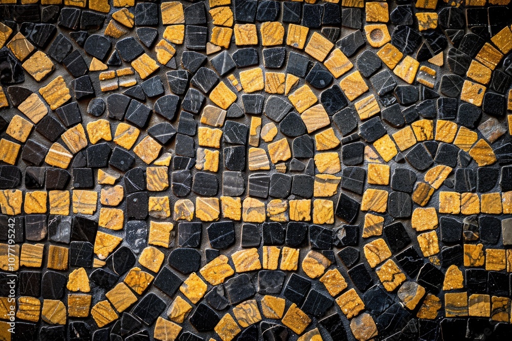 Poster a close-up of intricate yellow and black mosaic patterns, ideal for use in design projects or as ins