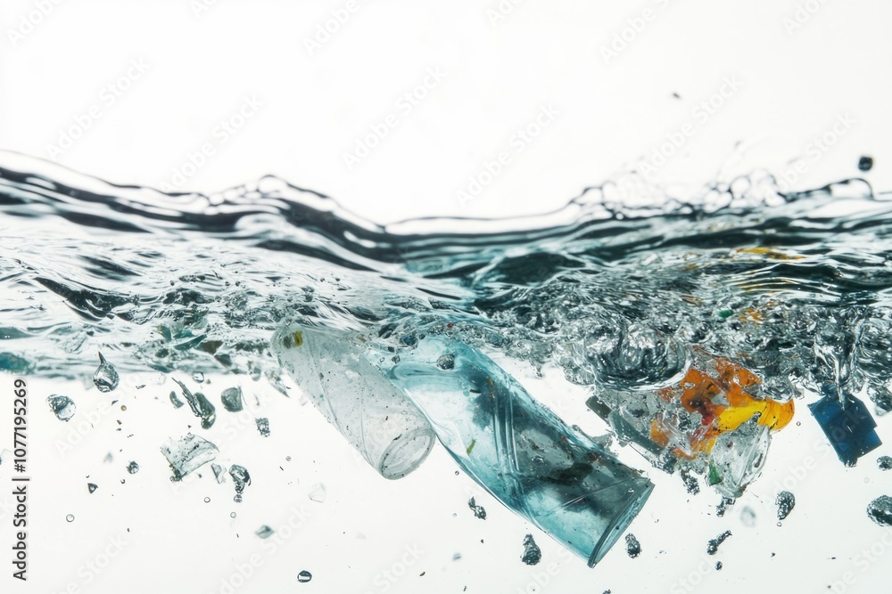 Poster a single bottle floating on calm water, surrounded by ripples
