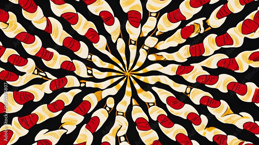 Poster spiraling pattern of colorful candy swirls against a dark background, creating a dynamic and eye-cat