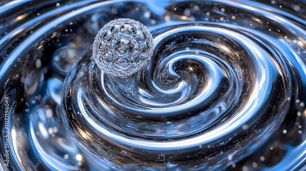 Poster swirling water motion with glorious reflections and floating bubbles in an abstract blue background 