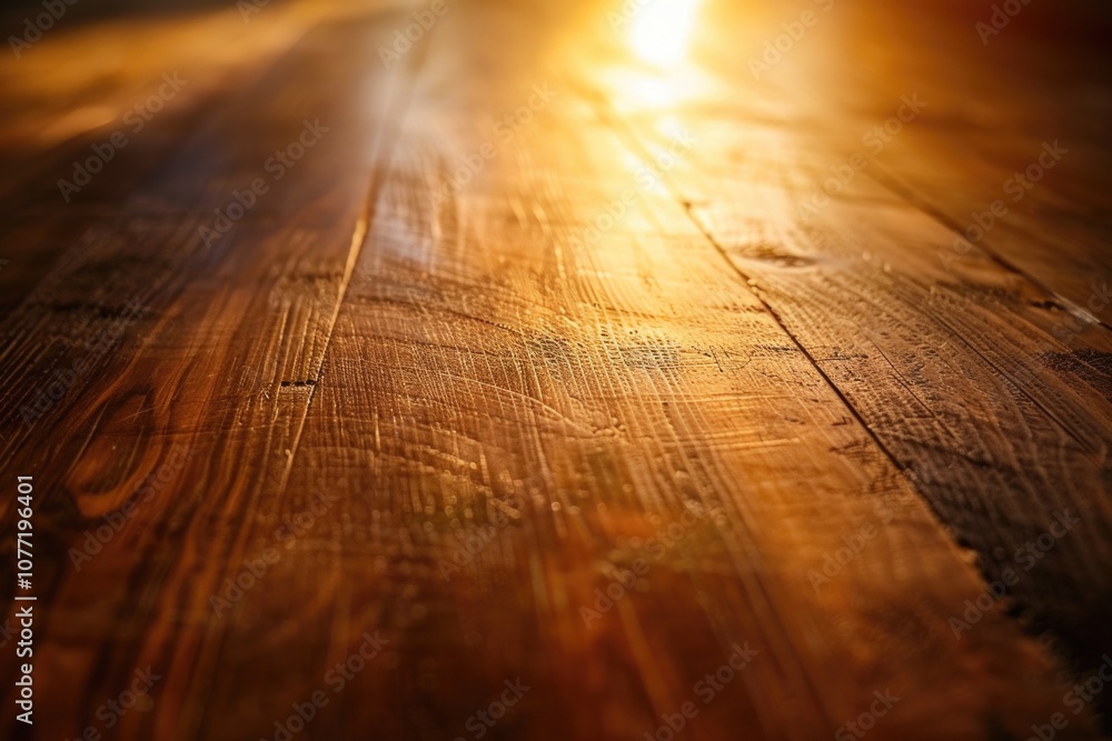 Poster a close-up shot of a wooden table lit by a soft glow