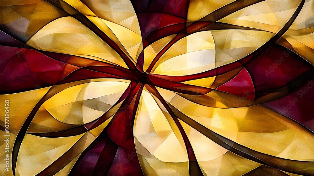 Fototapete abstract art composition of flowing shapes in golden and burgundy tones with curves and patterns ide