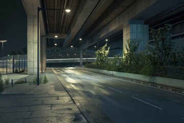 Urban nighttime scene with a bridge in the background, perfect for use in illustrations about cities, transportation, or architecture