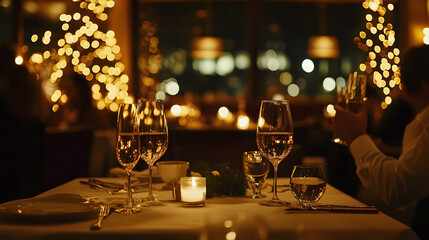 A festive New Years Eve dinner in a chic restaurant with mood lighting elegant table settings and people toasting.