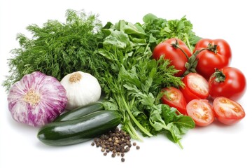 A collection of fresh produce arranged on a clean white surface