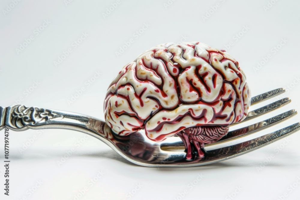 Poster A close-up shot of a fork with a brain on it