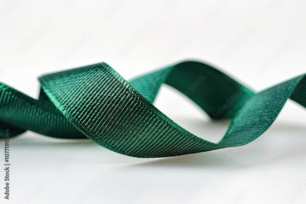 Poster close-up shot of a green ribbon lying on a white background, ideal for uses such as packaging design