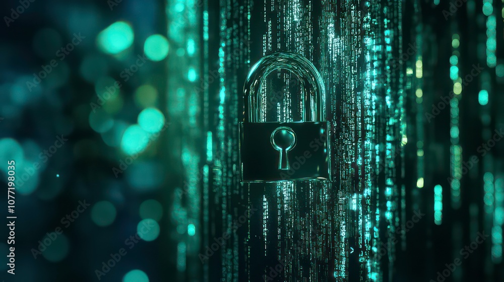 Poster A silver padlock hangs in front of a digital code background, representing cybersecurity and data protection.
