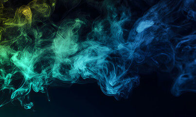 Obraz premium Vibrant swirls of blue, green, and yellow smoke create a dynamic and flowing pattern against a dark background. The colorful abstract design is captivating and fluid, perfect for artistic and creative