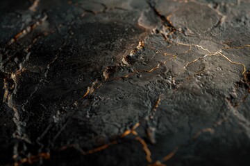A close-up shot of a black stone surface with intricate details and texture