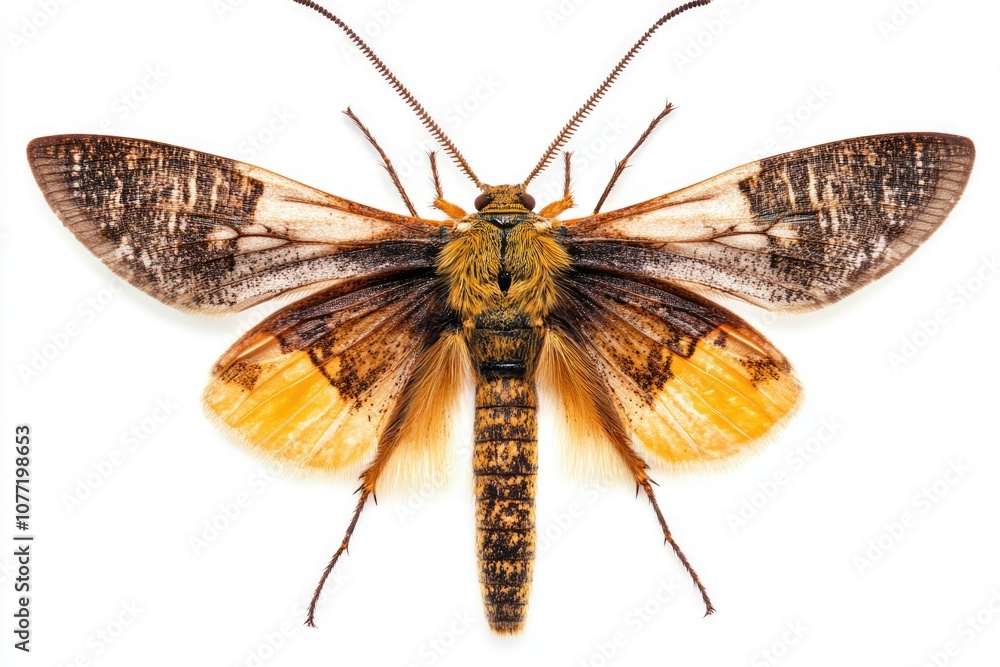 Poster a detailed view of a moth resting on a clean, white surface