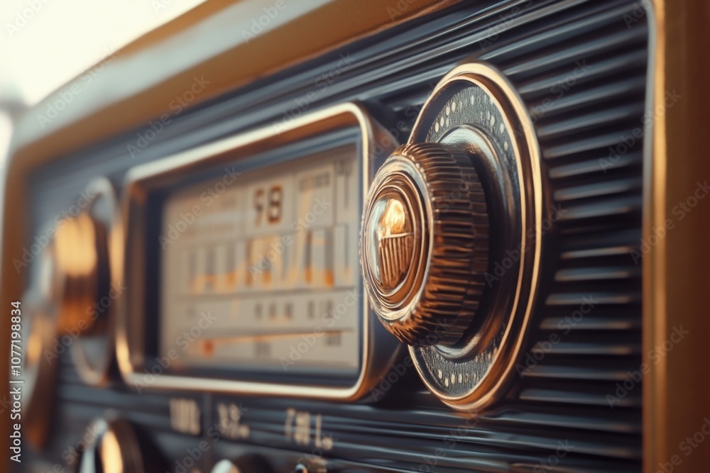 Poster A close-up shot of an old-fashioned radio with buttons and knobs, perfect for use in period dramas or nostalgic scenes