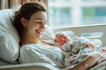 Mother with her newborn baby at the hospital a day after a natural birth labor