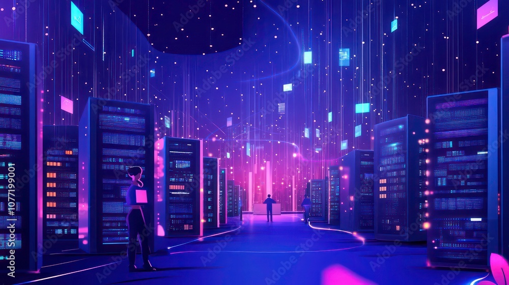 Poster people stand in a futuristic server room with glowing neon lights and data streams.