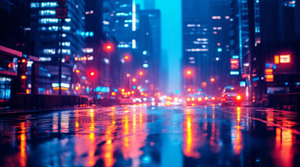 Fototapeta premium vibrant city street at night, illuminated by colorful lights reflecting on wet pavement. scene captures rainy atmosphere with blend of urban energy and tranquility