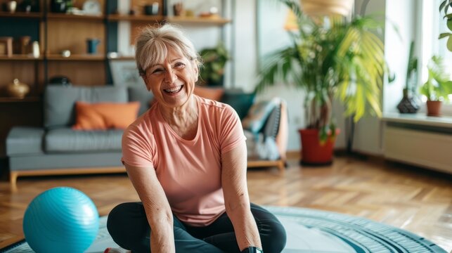 Happy mature woman practicing yoga, stretching legs on a rug in her living room, promoting healthy lifestyle and wellness in old age
